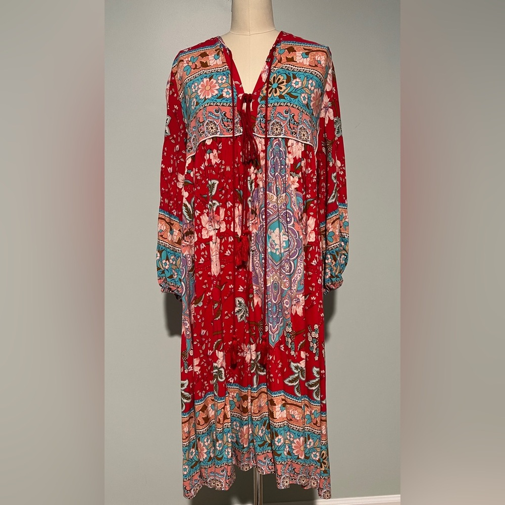 Red Boho multi-color midi dress with tassels